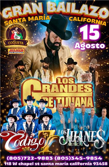Flyer de Los Grandes De Tijuana en Santa Maria California el 15 de agosto de 2026